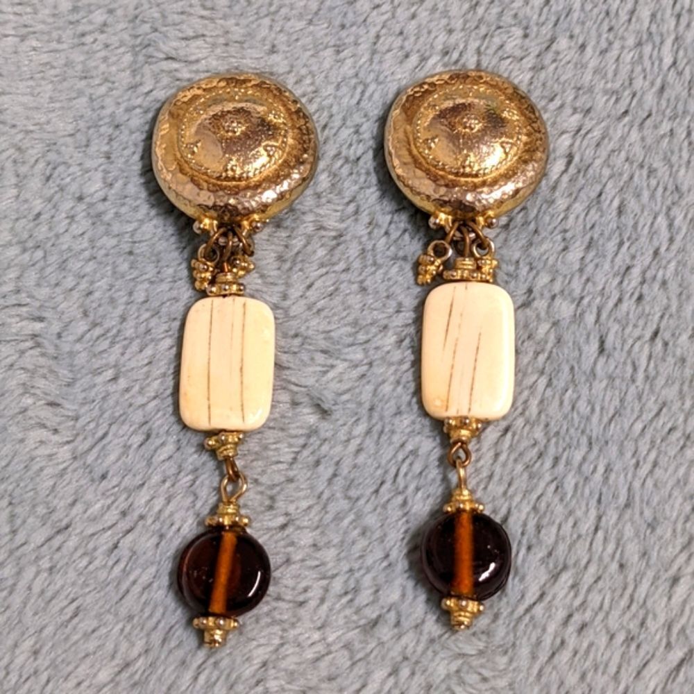 Vintage 80's Goldtone Bone & Glass Ambertone Bead Clip Earrings